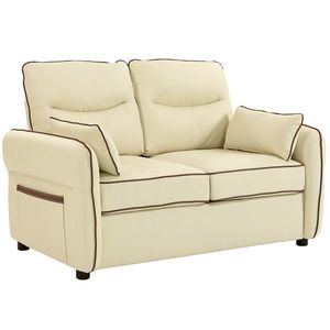 HOMCOM Divan 2 Locuri Imbottit din Piele Sintetică cu Bord Contrastant, Divan Living cu Perne Groase, 2 Perne Detasabile și Lavabile, Brațe și Buzunare Laterale, 136x81x90 cm, Bej | Aosom Romania imagine