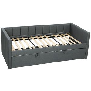 HOMCOM Cadru Pat Simplu 90x190 cm, Canapea cu Al Doilea Pat Extensibil, Tetieră Căptușită, Cotiere, Lamele din Lemn de Plop, pentru Cameră Living Oaspeți, Fără Saltea, Gri Închis | Aosom Romania imagine
