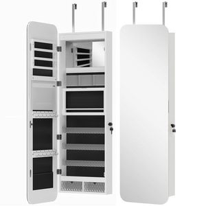 HOMCOM Dulap pentru Bijuterii Montabil pe Perete cu Oglindă Internă și LED-uri, Înălțime 120 cm, Economisire Spațiu, Sertare, Încuietoare și Cheie, Poliță Rabatabilă, Alb și Negru | Aosom Romania imagine