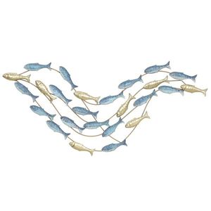 HOMCOM Artă de Perete cu Banc de Pești și Șuruburi Incluse pentru Casă și Birou, Decor Metalic, 99, 7x3, 8x50, 2 cm, Auriu și Albastru | Aosom Romania imagine