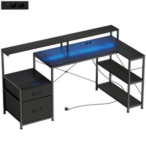 HOMCOM Birou Gaming în formă de L cu prize multiple, LED-uri, 165x80 cm, birou PC cu 2 sertare din material textil, 2 rafturi deschise, măsuță laterală și 2 suporturi monitor, din PAL și oțel, Negru | Aosom Romania imagine