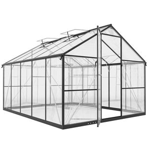 Seră de grădină Outsunny din aluminiu și policarbonat, 7, 5㎡, cu ușă cu balamale, 2 ferestre reglabile, sistem de drenaj, anti-UV, 304x247x205cm, negru | Aosom Romania imagine