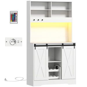 HOMCOM Servantă de Bucătărie Rustică 180 cm, Dulap cu Priză de Alimentare, Lumini LED, Suport pentru Sticle, Suprafață pentru Cuptor cu Microunde, Rafturi Deschise, Uși Glisante, Orificiu pentru Cabluri, Alb | Aosom Romania imagine