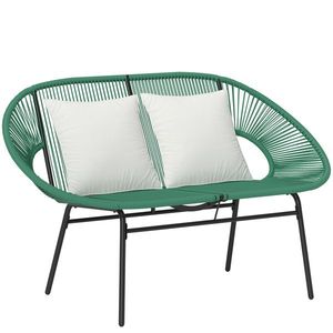 Outsunny Bancă de Grădină 2 Locuri din Răchită PE, Canapea de Exterior cu Perne, Cotiere și Cadru din Oțel, Bancă pentru Terasă și Curte, 132x72x83 cm, Verde Închis | Aosom Romania imagine