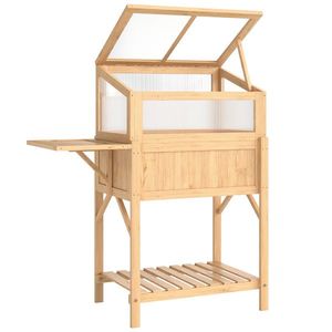 Outsunny Pat înălțat cu capotă pentru mini-seră din lemn jardinieră cu seră pliabilă masă laterală raft lemn natural | Aosom Romania imagine