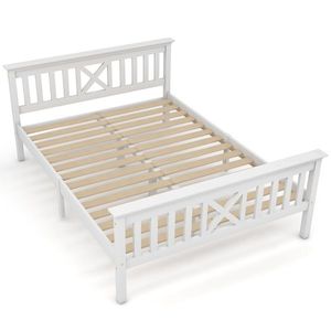 Pat matrimonial cu design minimalist, fără saltea, 140x200 cm, Alb imagine