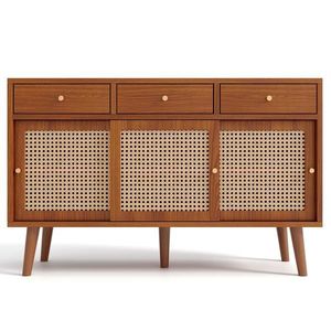 Comodă cu 3 sertare și 3 uși glisante, uși cu împletitură de ratan, 120×40×78 cm, Culoare naturală imagine