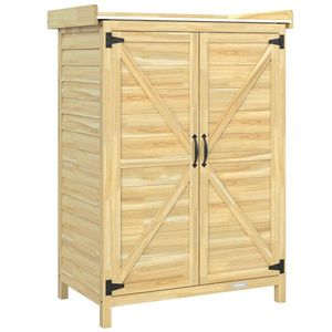 Outsunny Căsuță de Grădină din Lemn de Molid cu Rafturi și Cârlige Laterale, Dulap de Grădină cu Uși Duble și Blat de Lucru din Metal Zincat pentru Terasă, 71, 5x39x95cm, Naturală | Aosom Romania imagine