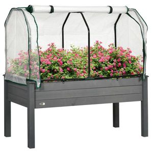 Outsunny Pat de Grădină Înălțat cu Acoperiș din PE, Jardinieră din Lemn pentru Exterior cu 4 Orificii de Drenaj, pentru Flori și Legume, pentru Grădină, Balcon, 121x55x117 cm, Gri Închis | Aosom Romania imagine