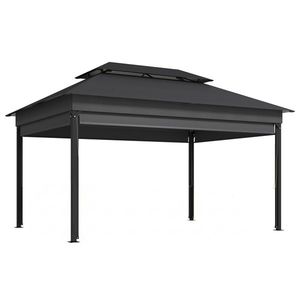 Outsunny Gazebo de grădină 4x3 m cu perdele laterale, acoperiș dublu, orificii de drenaj, Gri închis | Aosom Romania imagine