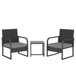 Outsunny Set de Grădină 3 Piese din Rattan PE și Oțel, Set cu 2 Fotolii cu Perne Lavabile și Măsuță de Cafea cu Blat din Sticlă, Set de Mobilier pentru Balcon, Terasă sau Curte, Gri Închis și Negru | Aosom Romania imagine