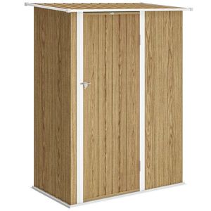 Outsunny Căsuță pentru Grădină 1.07m² din Oțel Galvanizat, Căsuță pentru Unelte cu Ușă Blocabilă, Acoperiș Înclinat, 142x86x189 cm, Imitatie Lemn | Aosom Romania imagine