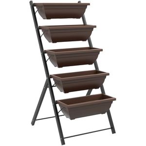 Outsunny Suport pentru Plante Vertical cu 5 Niveluri și 5 Ghivece cu Găuri de Drenaj, Suport din Oțel și Plastic, 55x63x120 cm, Maro | Aosom Romania imagine