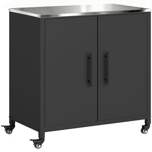 Outsunny Dulap de grădină din metal, dulap de depozitare exterior, blat din oțel inoxidabil și roți, Negru | Aosom Romania imagine