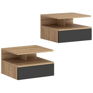 HOMCOM Set de 2 Noptiere Suspendate cu Sertar și Raft Deschis, 35x32x22.5 cm, Negru și Stejar | Aosom Romania imagine