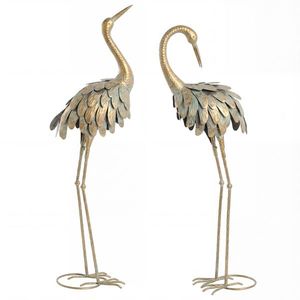 Outsunny Set de 2 statui de grădină, sculptură de stârc din metal, statui de păsări 91/95cm, pentru curte, iaz, terasă, auriu/albastru | Aosom Romania imagine