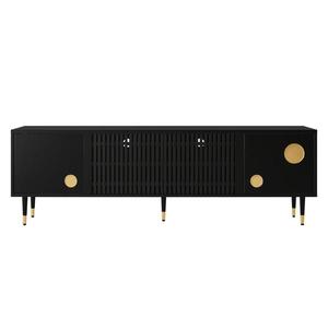 Comodă TV cu front din plasă metalică și accente aurii, 4 uși, 170x36x54 cm, Negru imagine