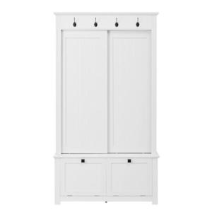 Dulap de hol cu uși glisante și compartiment pentru pantofi integrat, sistem de depozitare multifuncțional cu cârlige, 100x50x180 cm, Alb imagine