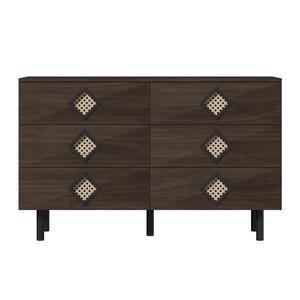 Masă de machiaj cu 6 sertare, mânere din ratan, spațiu mare de depozitare, pentru dormitor și living, 120x40x74, 5 cm, Culoare naturală imagine