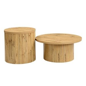 Set de 2 măsuțe de cafea rotunde, cu fronturi cu lamele verticale din lemn natural și colțuri rotunjite, 75x75x36 cm/50x50x50, 5 cm, Culoare naturală imagine