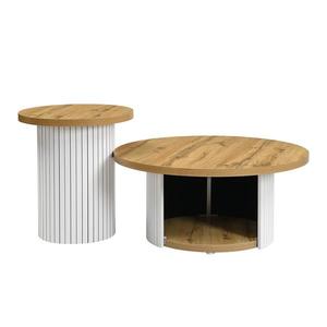 Set de 2 măsuțe de cafea rotunde, masă principală și măsuță laterală cu compartiment de depozitare, 75x75x50/45x45x35 cm, Culoare naturală imagine