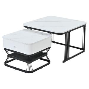 Set masă de cafea, 2 piese, set masă pentru living cu 1 sertar, 70x70x45 cm/50x50x40 cm, Alb+Negru imagine