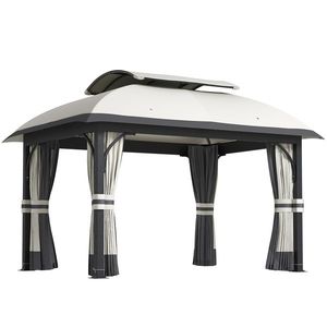 Outsunny Pavilion de Grădină cu Perdele, Plasă, Acoperiș Ventilat și Cadru Metalic Galvanizat, 395x330x294 cm, Gri | Aosom Romania imagine