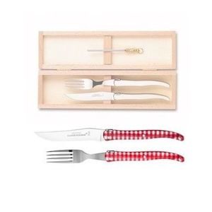 Set tacamuri Claude Dozorme Laguiole maner acril alb-rosu 2 piese cutie lemn fag imagine
