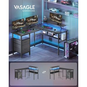 Birou in forma de L / birou de colt, Vasagle, Gaming Desk, cu suport monitor, sertare, priza incorporata si porturi USB, 120x150x89 cm, PAL/otel, negru imagine