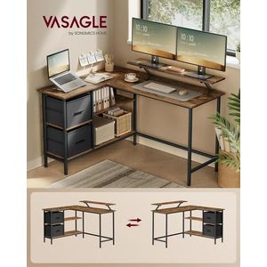 Birou in forma de L / birou de colt, Vasagle, Gaming Desk, reversibil, cu suport monitor, rafturi, cosuri, 105x135x89.5 cm, PAL/otel, maro rustic imagine