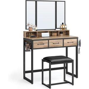 Masa de toaleta cu taburet / Masuta dressing, Vasagle, Industrial, 90x40x141 cm, PAL/otel/piele ecologica, natural imagine