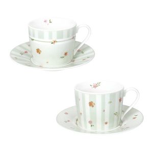 Set 2 cesti cu farfurie pentru ceai, Polline Green, Brandani, D15x7 cm, 200 ml, portelan New Bone China imagine