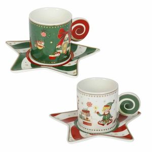 Set 2 cesti cu farfurie pentru cafea, Elfomagia White Green, Brandani, 12.5x12.5x6 cm, portelan New Bone China imagine