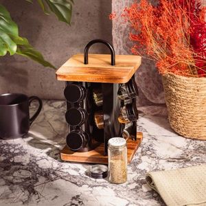 Set 12 recipiente pentru condimente si suport Lenne, Homla, 16x16x28 cm, sticla/lemn/inox, negru/maro imagine