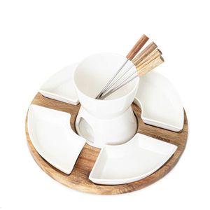 Set servire fondue Mooka, Homla, 27x13 cm, portelan/lemn/inox, alb/natur imagine