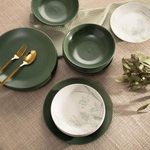 Serviciu de masa 18 piese Bari, Homla, gresie, alb/verde imagine