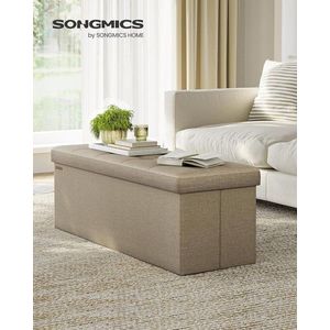 Bancheta cu spatiu de depozitare Mazi, Songmics, 110x38x38 cm, max 300 kg, MDF/imitatie de in, maro camel imagine