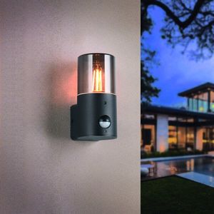 Aplica de perete pentru exterior cu senzor Hoosic, TRIO, 8.5x11.8x17.5 cm, 28W, 1x E27, aluminiu, negru mat imagine