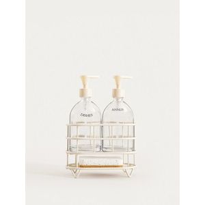 Set 2 dozatoare sapun/detergent lichid si suport Nerja, Homla, 22x10.5x19.5 cm, sticla/plastic/metal, crem/transparent imagine