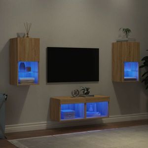 vidaXL Comode TV de perete cu lumini LED, 4 piese, stejar sonoma imagine