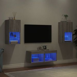 vidaXL Comode TV de perete cu lumini LED, 4 piese, gri sonoma imagine