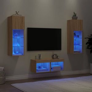 vidaXL Comode TV de perete cu lumini LED, 4 piese, stejar sonoma imagine
