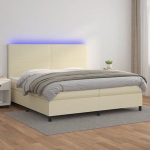 vidaXL Pat cu arcuri, saltea și LED, crem, 200x200 cm, piele ecologică imagine