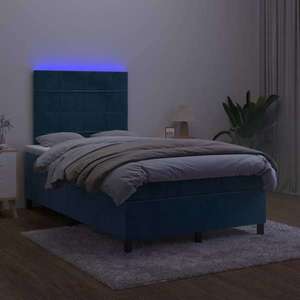 vidaXL Pat box spring cu saltea/LED albastru închis 120x190cm catifea imagine