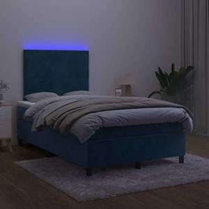 vidaXL Pat box spring cu saltea/LED albastru închis 120x190cm catifea imagine