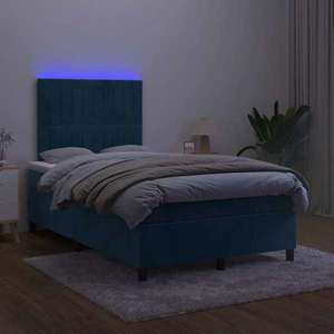 vidaXL Pat box spring cu saltea/LED albastru închis 120x190cm catifea imagine