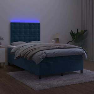 vidaXL Pat box spring cu saltea/LED albastru închis 120x190cm catifea imagine
