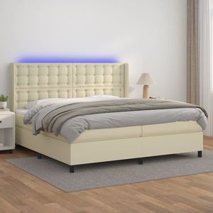 vidaXL Pat cu arcuri, saltea și LED, crem, 200x200 cm, piele ecologică imagine