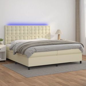 vidaXL Pat cu arcuri, saltea și LED, crem, 200x200 cm, piele ecologică imagine