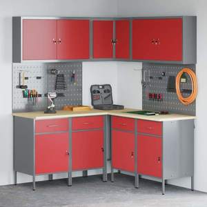 vidaXL Set de dulapuri de lucru cu sertar cu raft 12 pcs Roșu și gri imagine